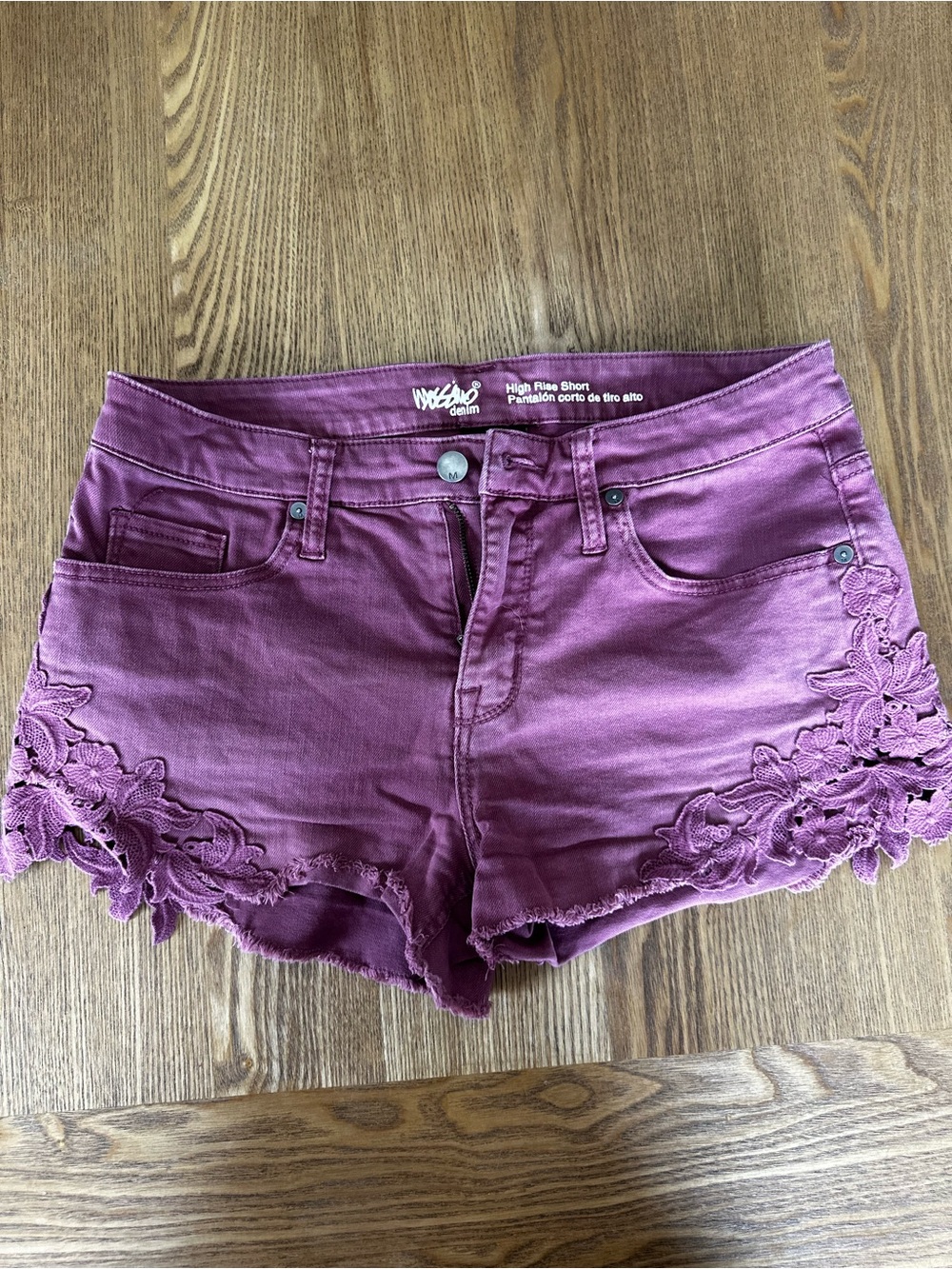 Mossimo High Rise Denim Floral Lace Hem Shorts - Purple